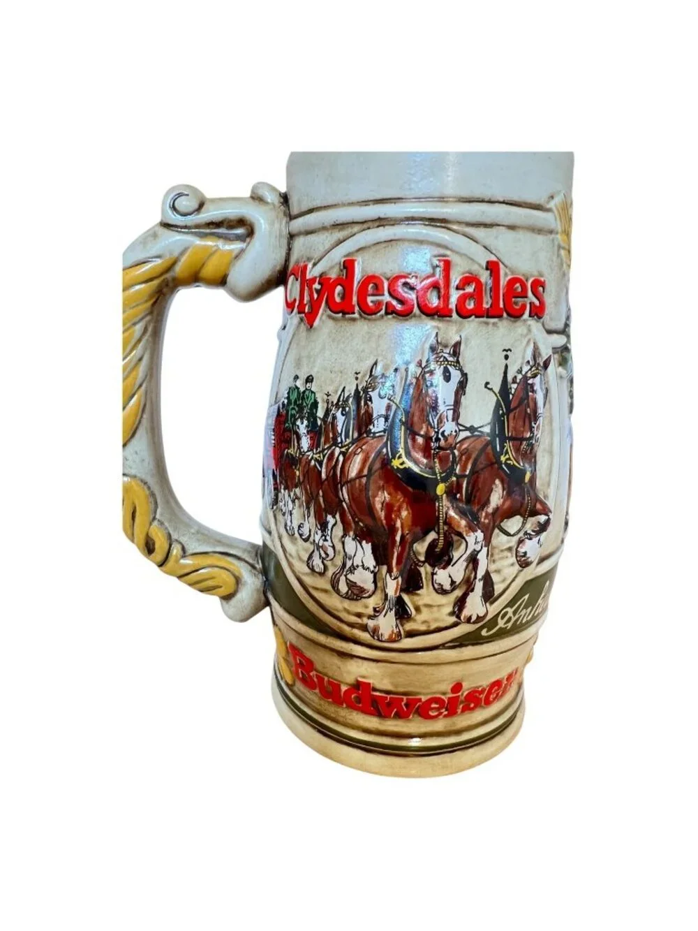 Vintage Budweiser Clydesdales Beer Stein, Ceramarte Brazil, Relief Tankard, 6.5